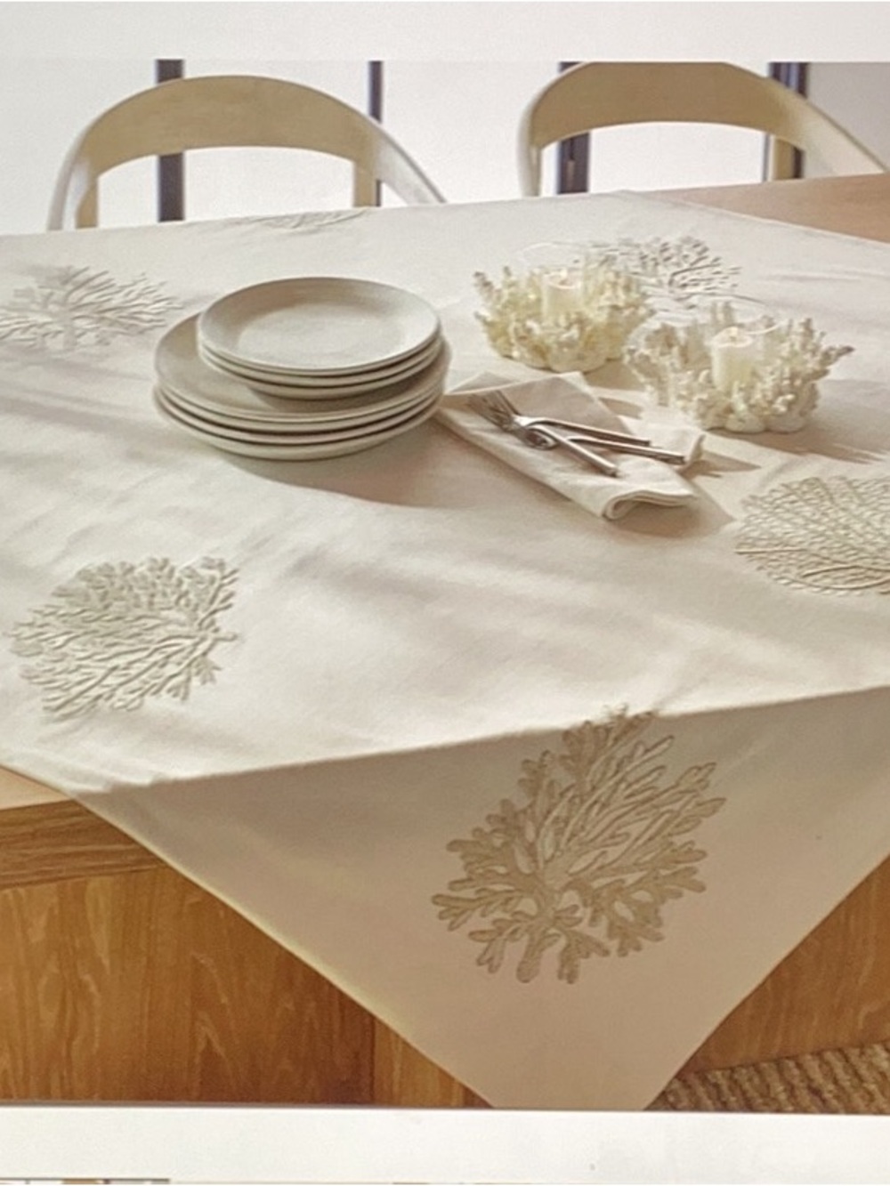 Pottery Barn White Table Runner with Metallic Coral Embroidery